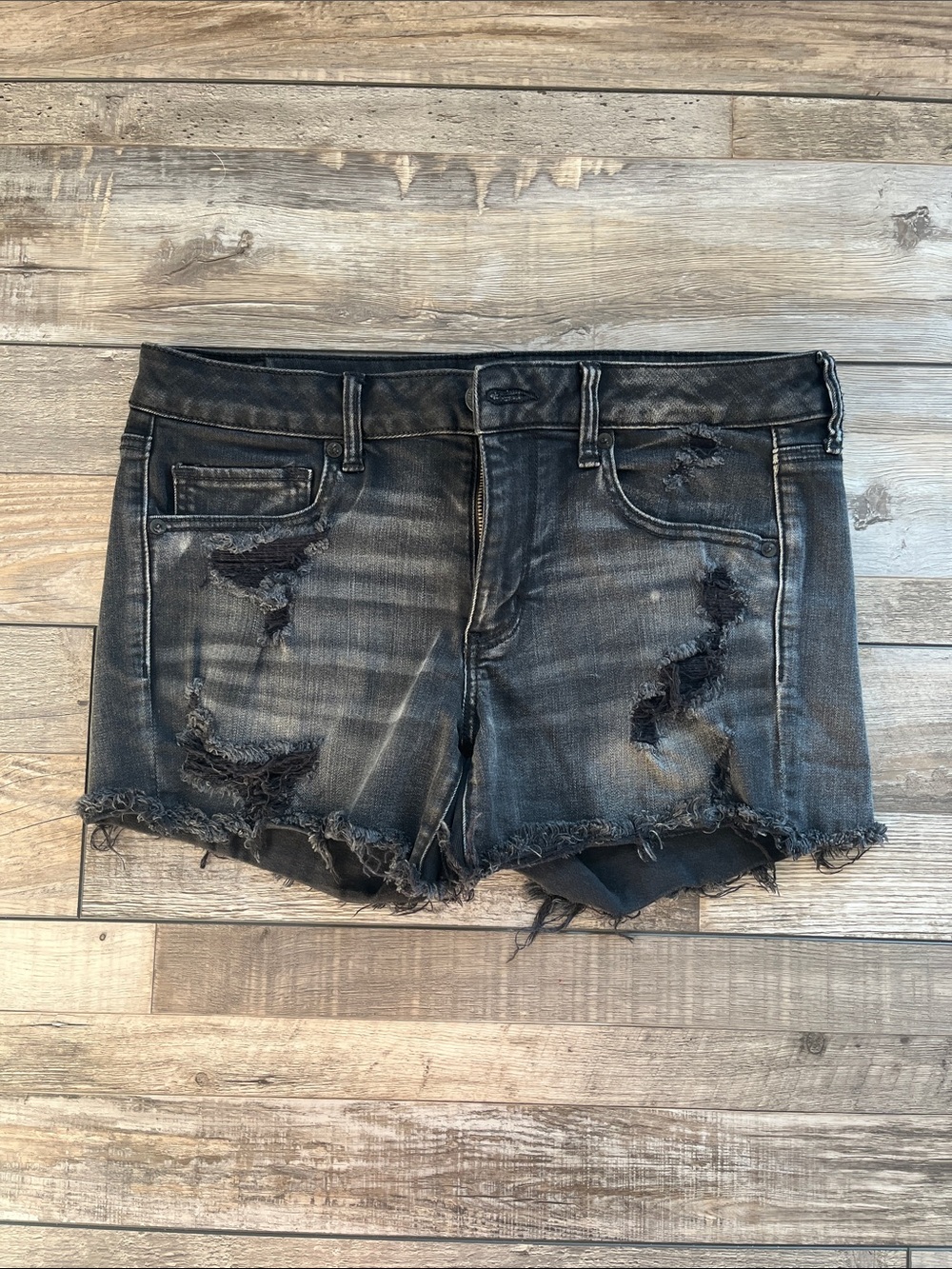 Women’s American Eagle MIDI size 12 Distressed Black Denim Cutoff Shorts